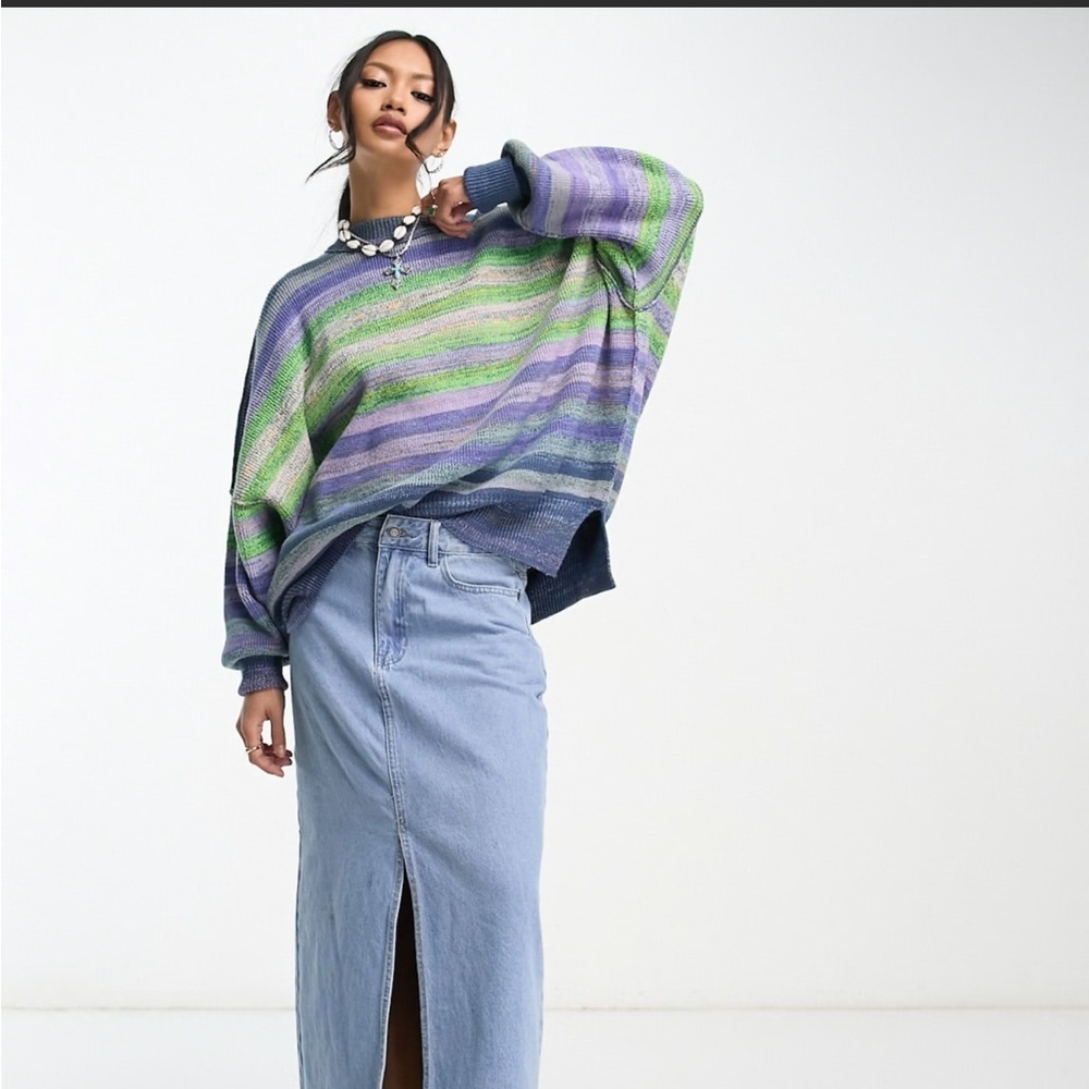 Free People Easy Street space dye oversized stripe sweater Blue Green Rainbow XS